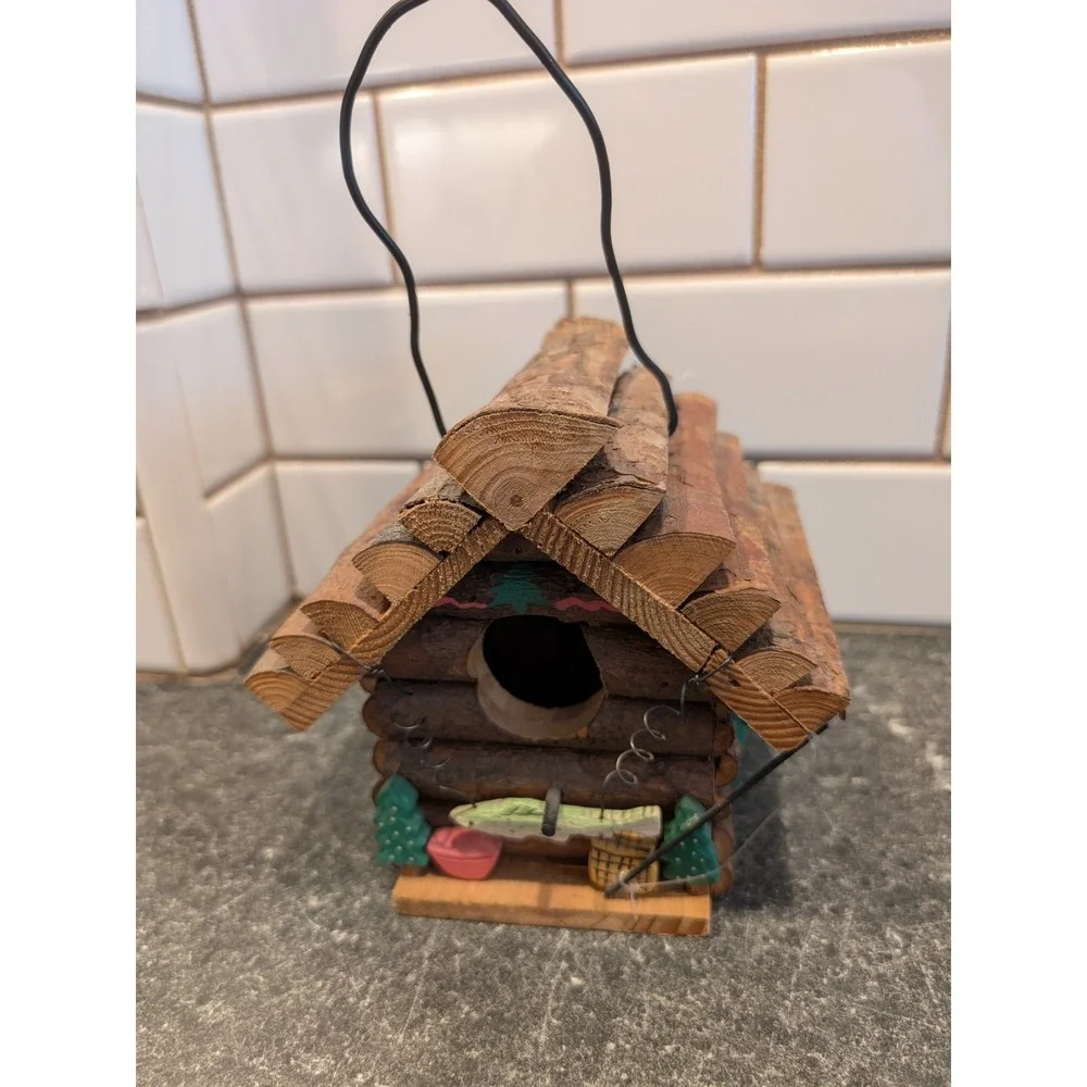 Handmade Rustic Log Cabin Birdhouse Wood Fishing Lodge Decor with Wire‎ Hanger